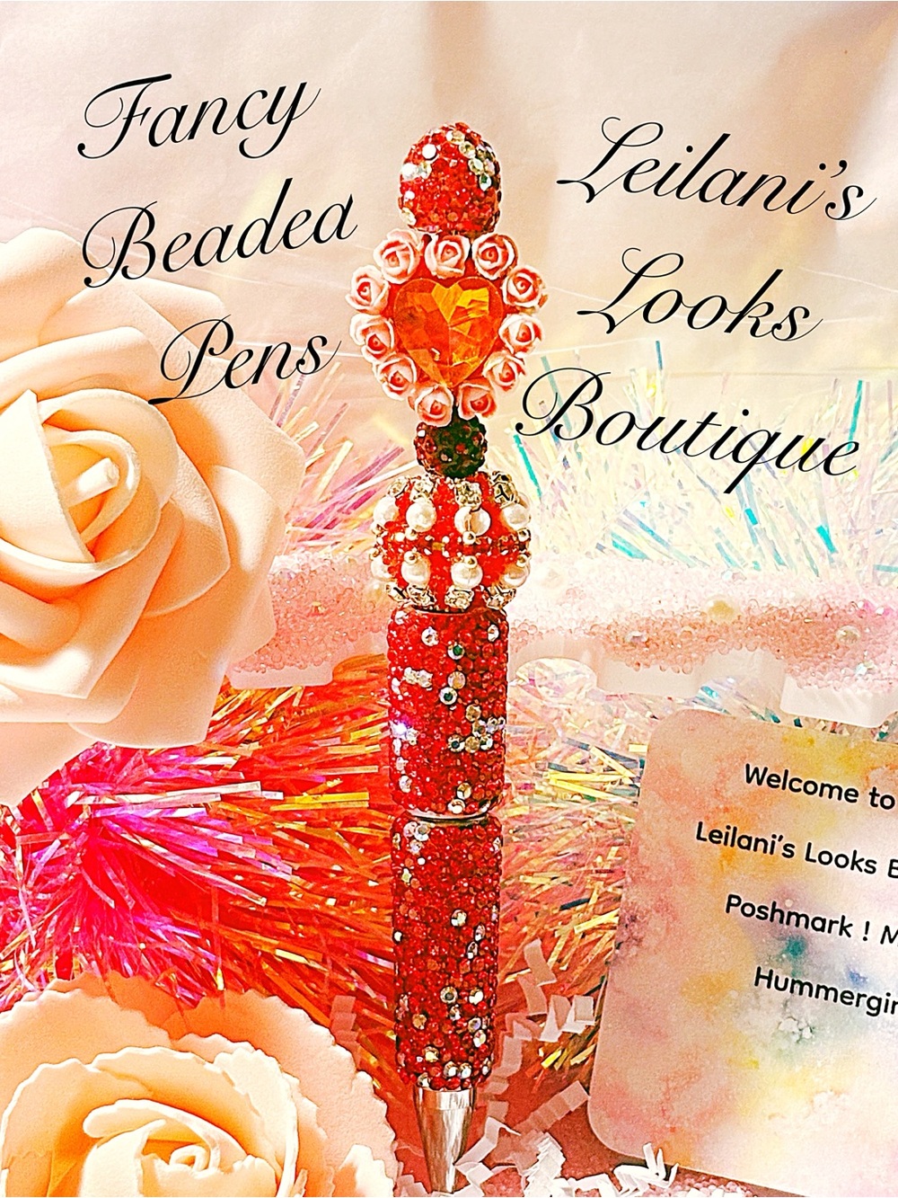 Fancy Red Beaded Pen with Heart Accent/Red glitter pen with rhinestones and hear